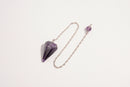 Raw Earth Crystals amethyst pendulum with pointed crystal and silver chain, crafted for intuition, spiritual growth, and inner peace.