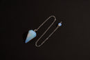 Raw Earth Crystals opal cone pendulum on silver chain, crafted from natural opal stone, enhancing intuition, spiritual insight, and energy balancing.