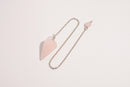 Raw Earth Crystals rose quartz pendulum with pointed crystal and silver chain, crafted for emotional balance, love, and clarity.