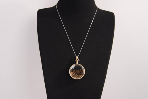 Raw Earth Crystals tiger eye pendant with a crystal-encased design, featuring natural tiger eye and gold-tone setting, supporting confidence, clarity, and personal power.