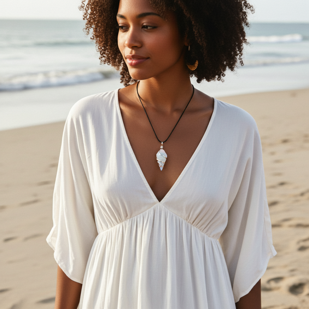 Woman wearing Raw Earth Crystals mother-of-pearl shell pendant necklace on a sandy beach, showcasing women's ocean-inspired crystal jewelry for peace and grounding.