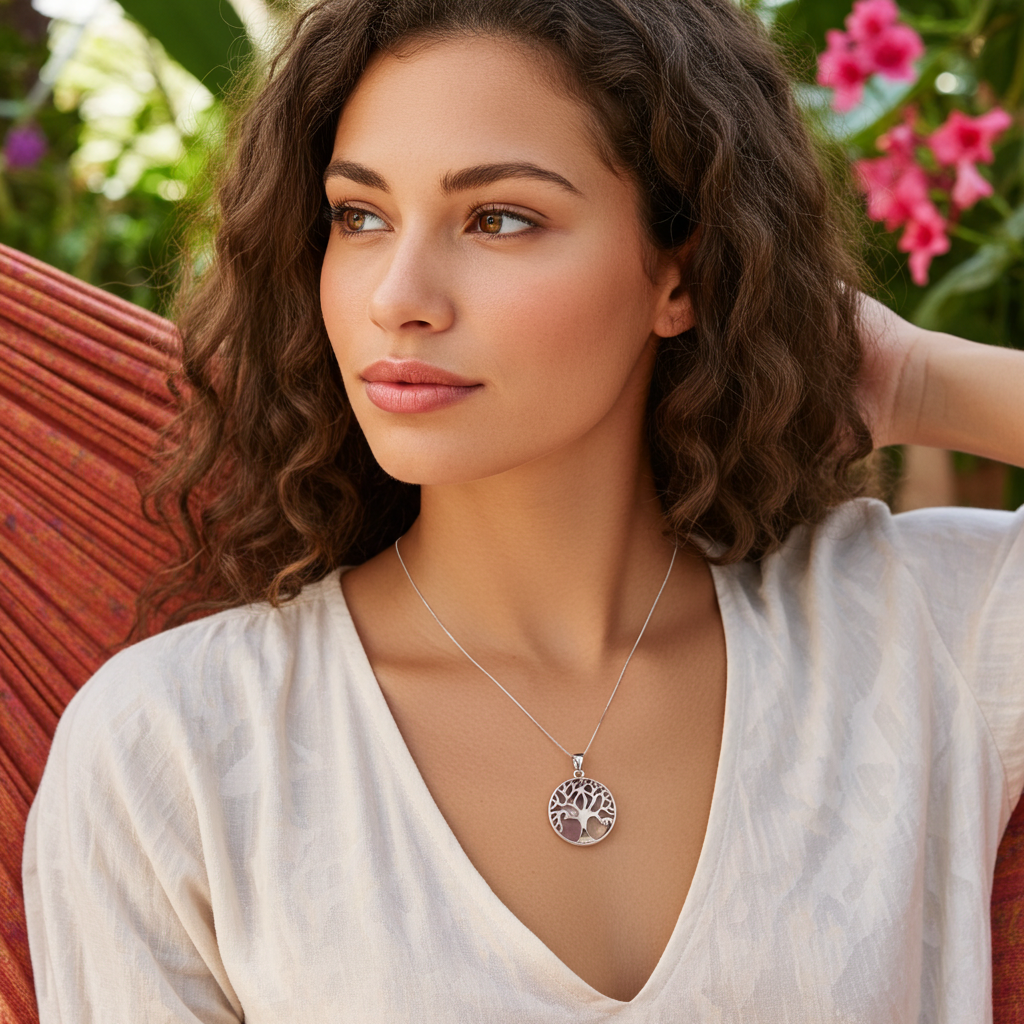 Woman wearing Raw Earth Crystals Tree of Life necklace with amethyst center pendant in a peaceful garden, showcasing women's spiritual jewelry for connection, growth, and inner balance.